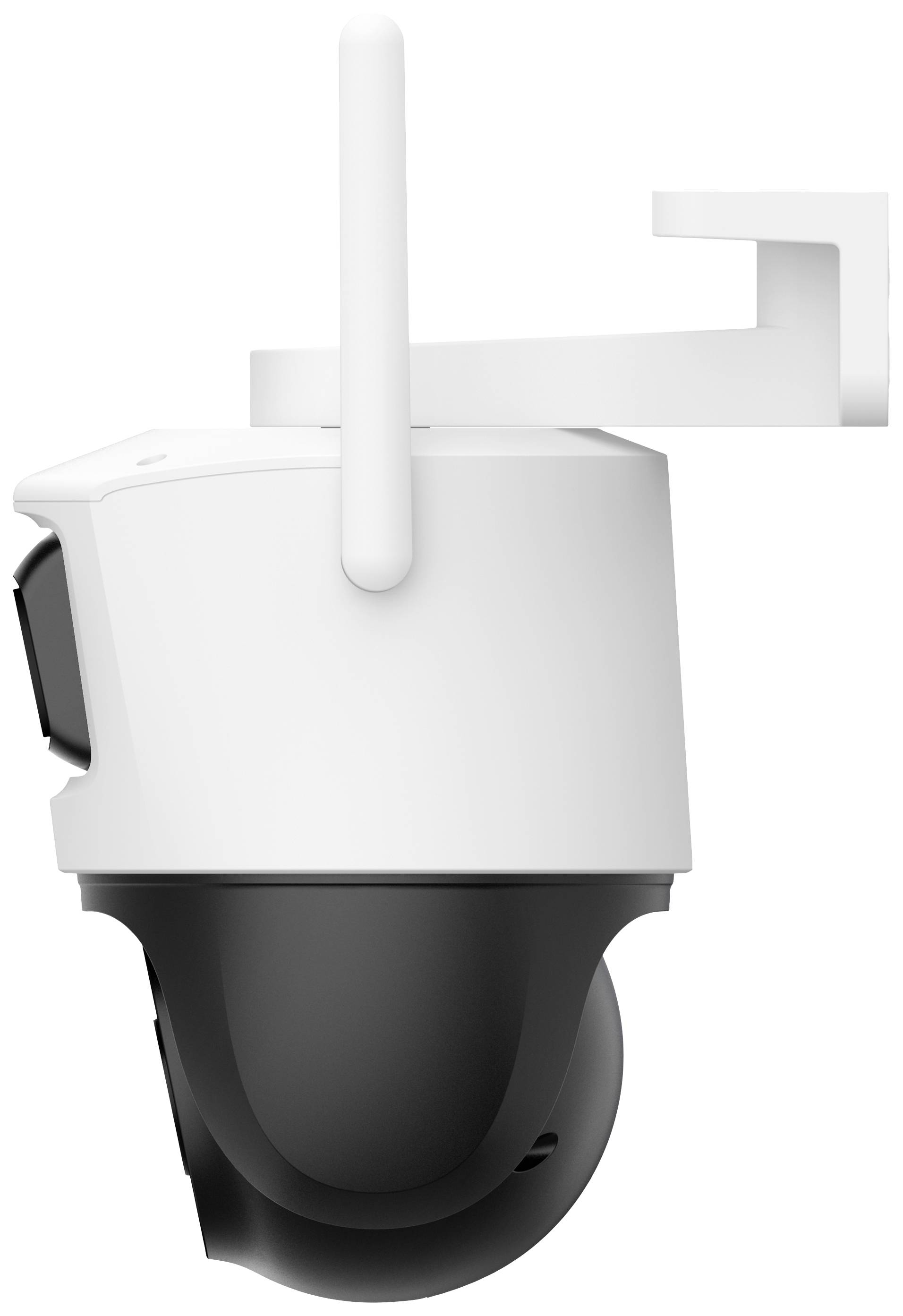 'White surveillance camera with black gimbal base, mounted on a bracket. Side view with antenna visible.'