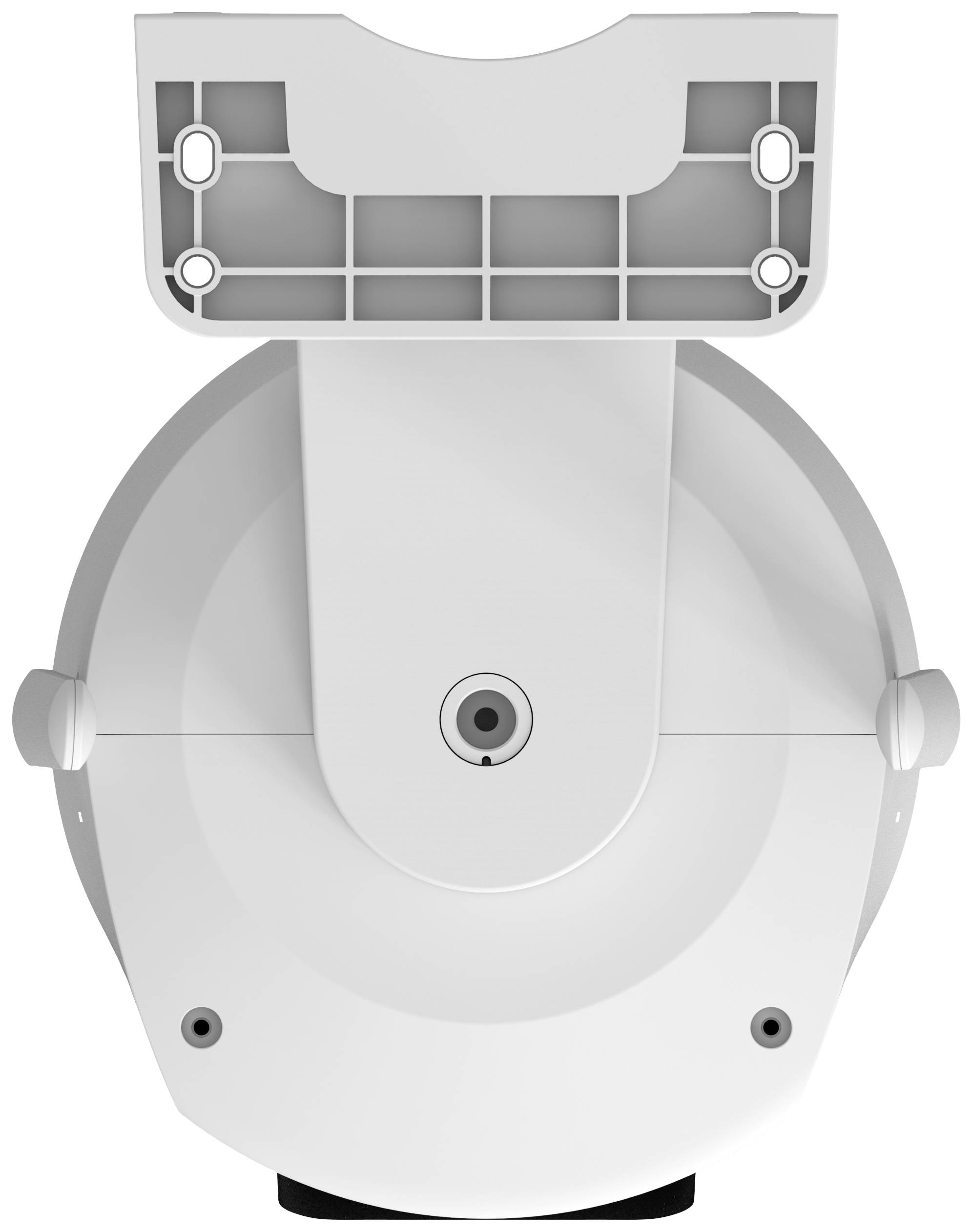 Rear view of a white camera with mounting bracket.