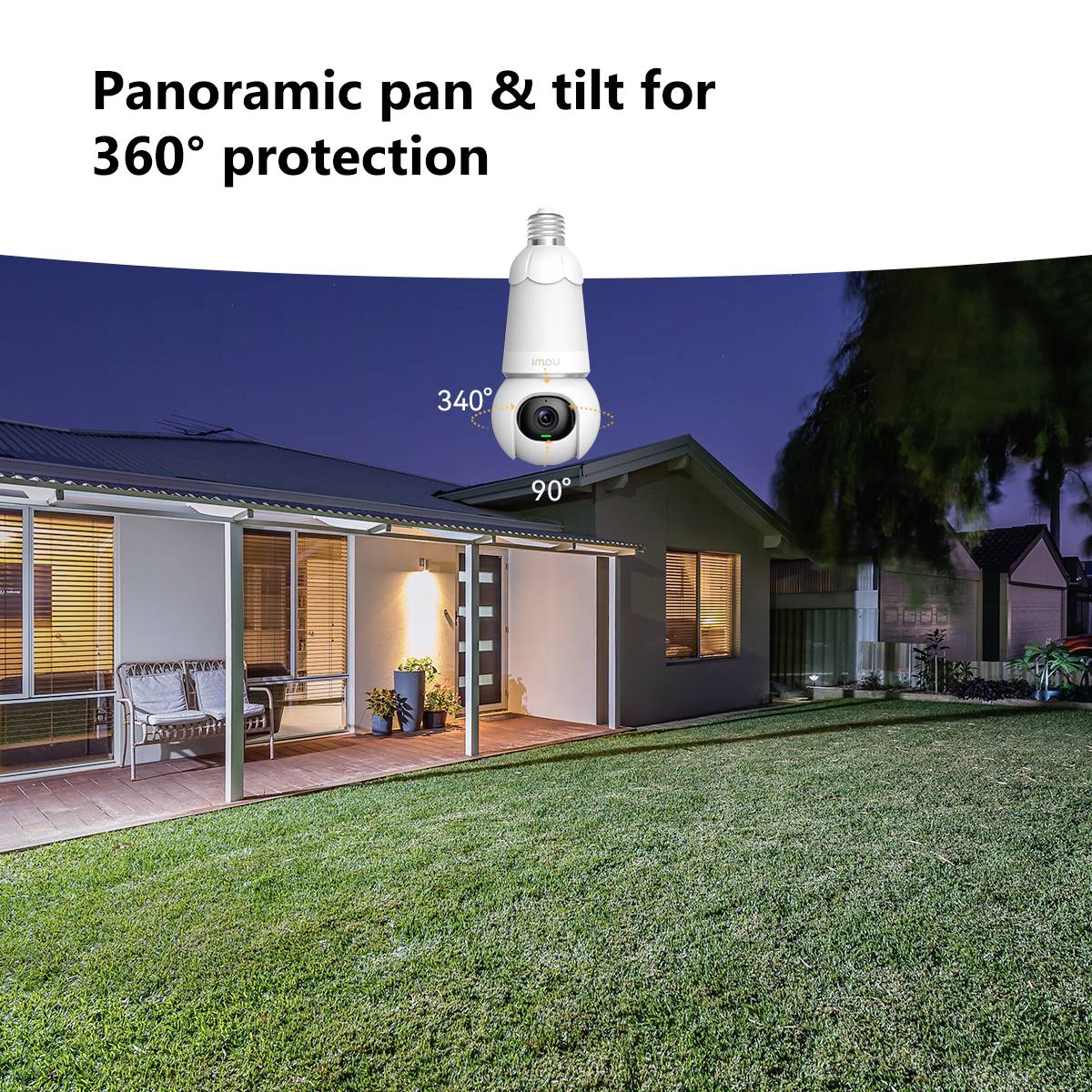 'Surveillance camera with 340° rotation, 90° tilt, provides 360° protection. House in the background at night, demonstrates surveillance capabilities.'