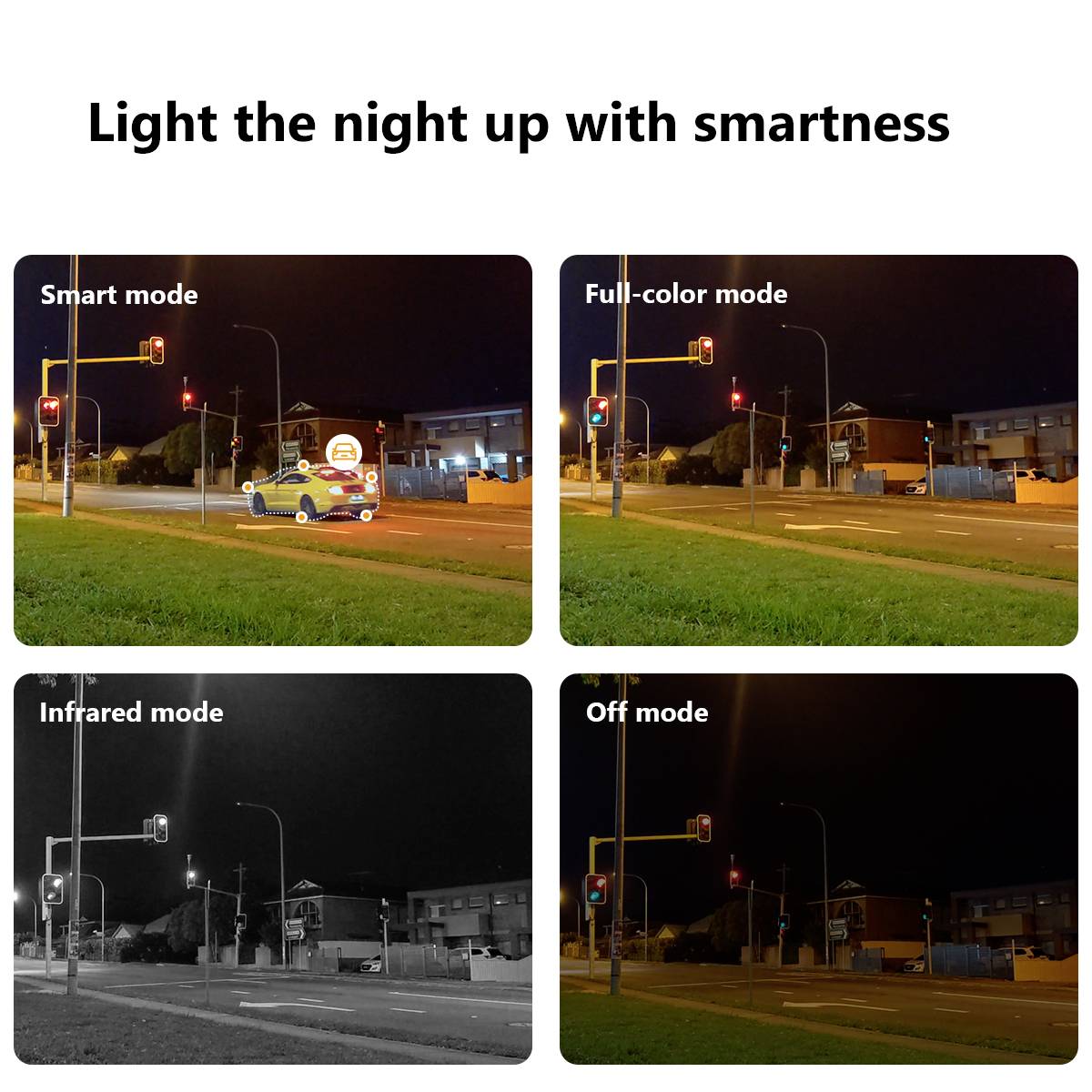 Top: Two images of street lamps in smart and full colour mode. Bottom: Infrared and off mode showing lighting differences.