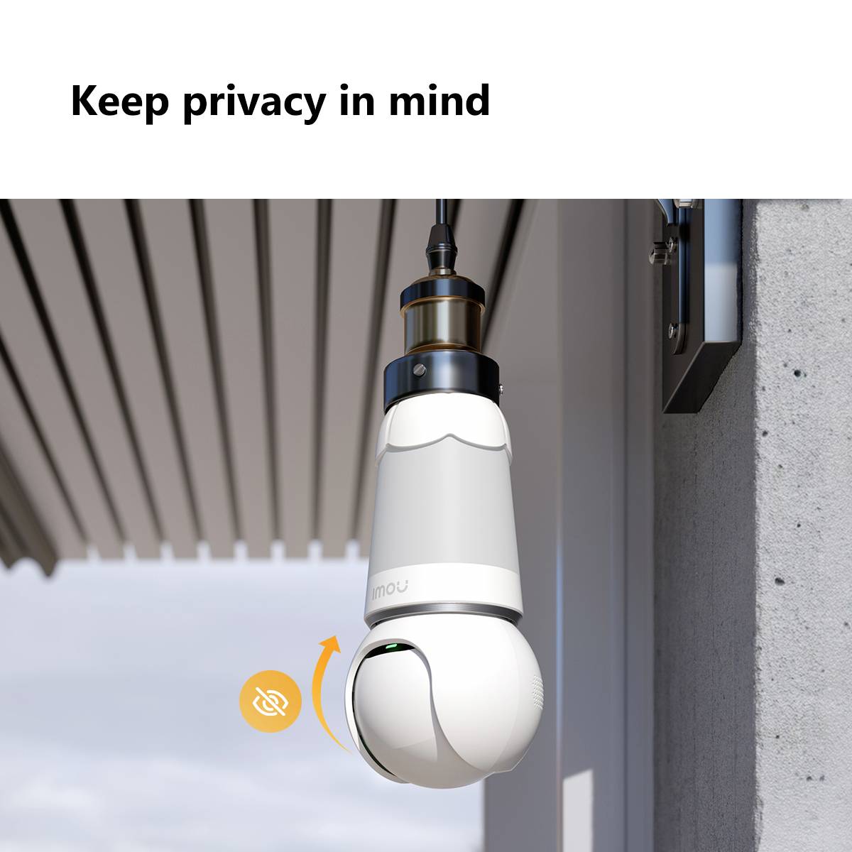 Security camera hanging from the ceiling, symbol for deactivation. Text: 'Keep privacy in mind'.