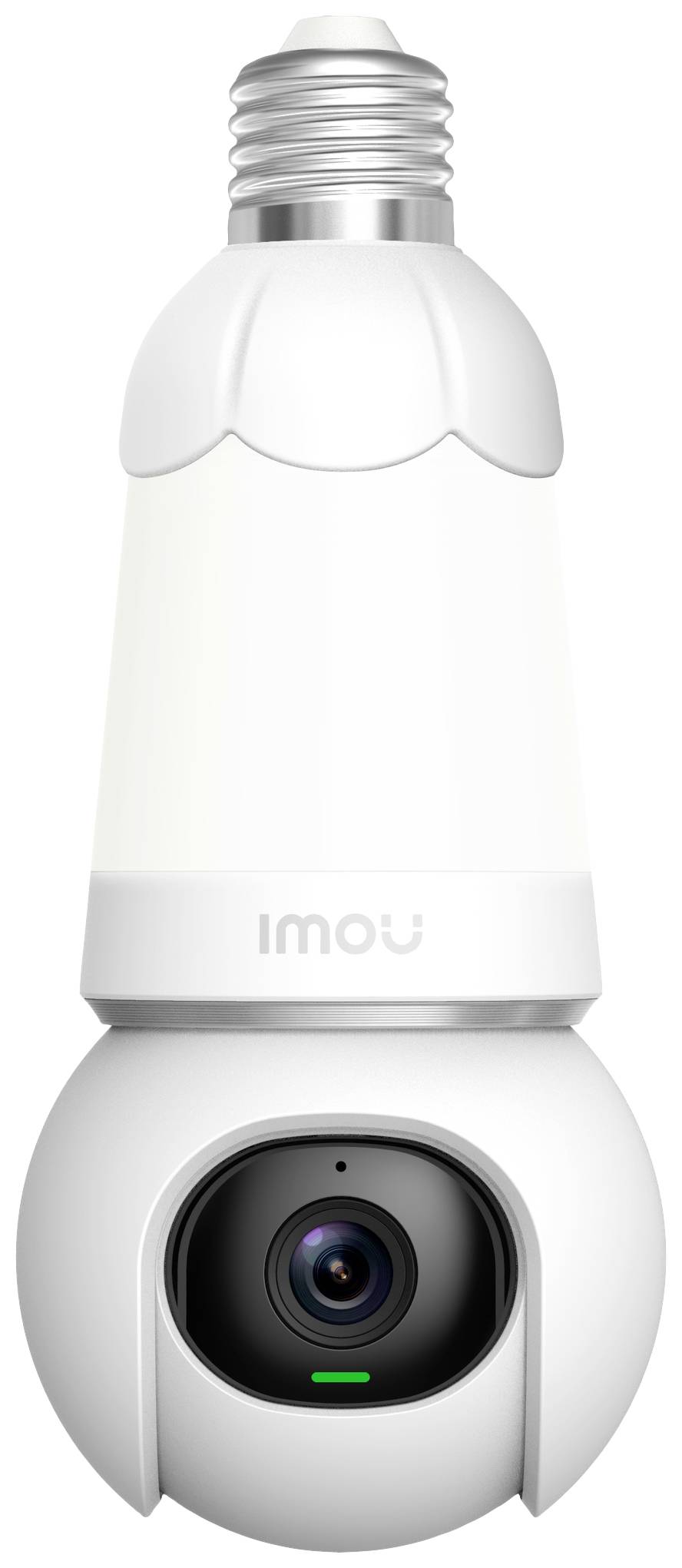 A white surveillance camera by Imou, shaped like a light bulb, with a pivoting lens section at the bottom end.
