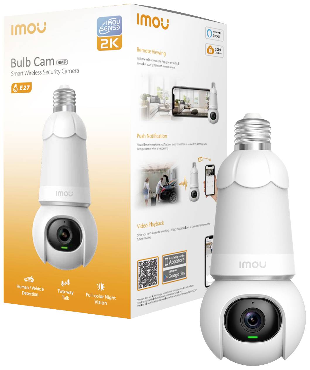 Security camera in light bulb shape shown next to the packaging. Features: remote viewing, notifications, two-way communication.