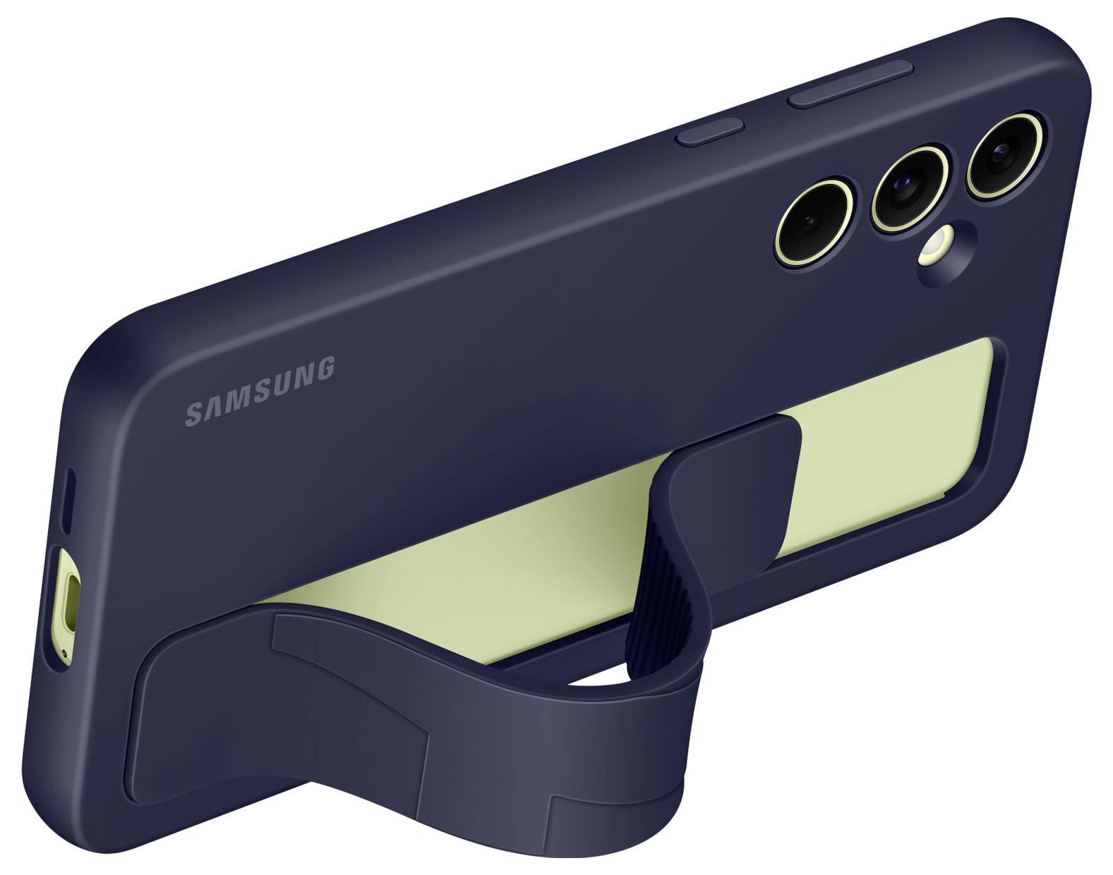 A smartphone with a navy blue protective case is standing on an integrated stand. Three camera lenses are visible.
