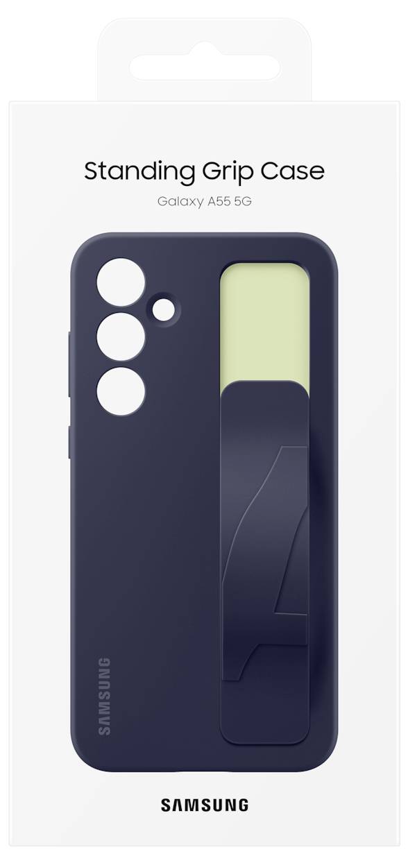 Mobile phone case 'Standing Grip Case' for Samsung Galaxy A55 5G, navy blue with foldable stand, in original packaging.