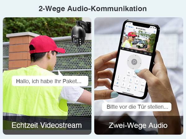 A person in a high-visibility safety vest hands over a package. The smartphone displays a security camera with '2-way audio communication', along with an app showing a video stream.