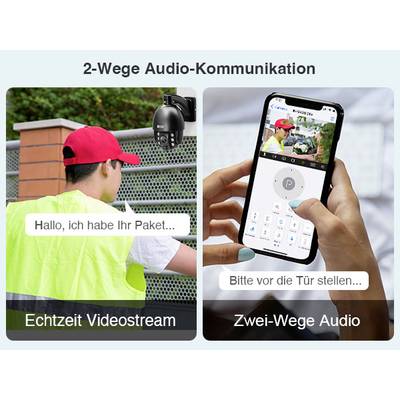 A person in a high-visibility safety vest hands over a package. The smartphone displays a security camera with '2-way audio communication', along with an app showing a video stream.
