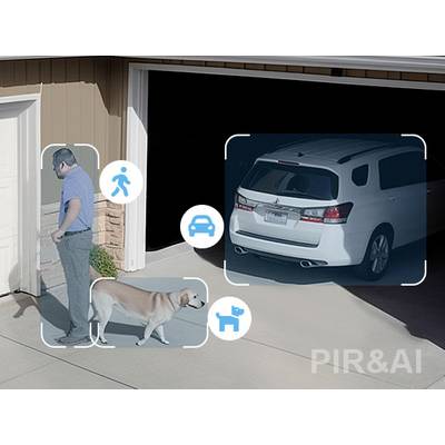 A man is walking with a dog on a pavement in front of an open garage where a car is parked. Symbols indicate activities.