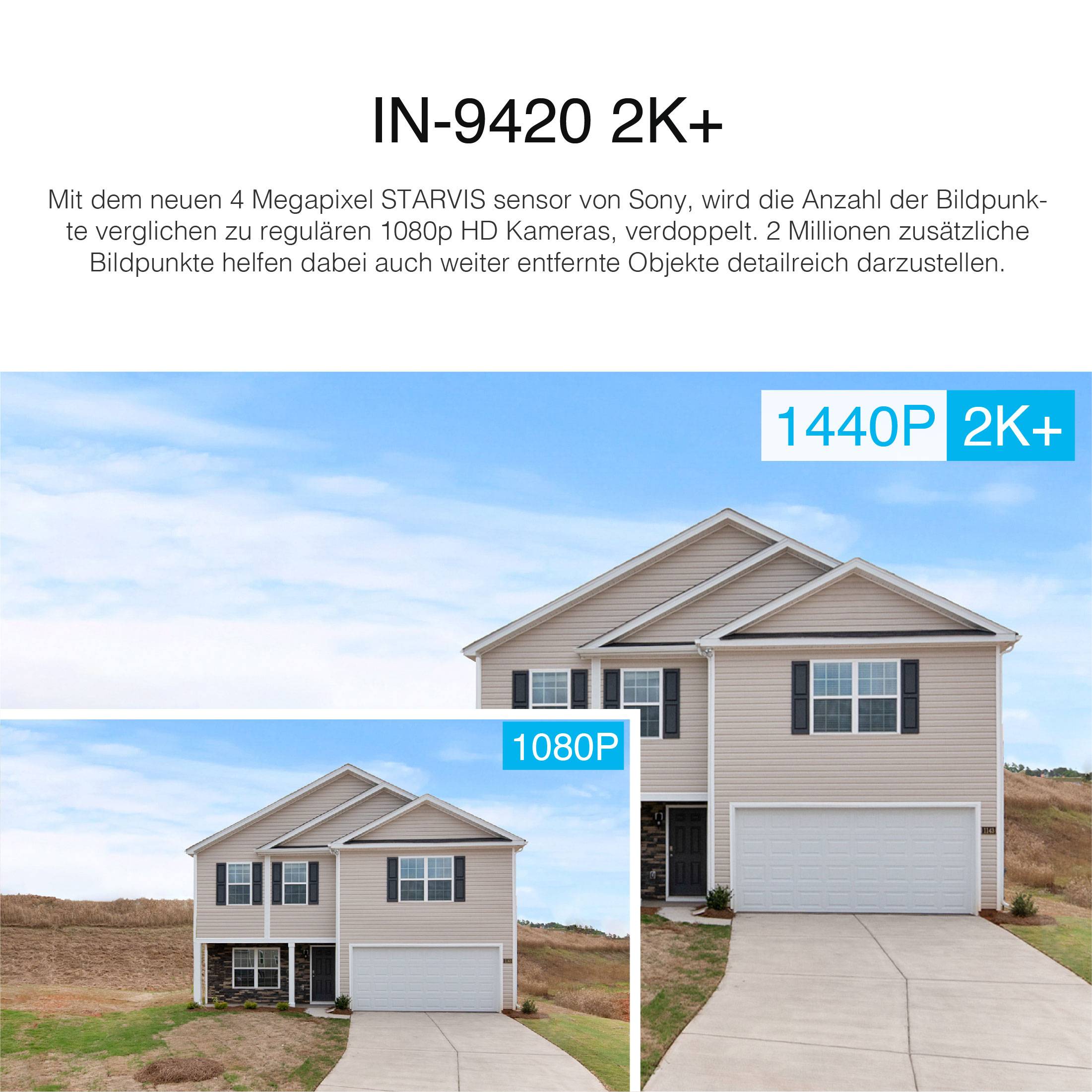 'Two images of a house: Left 1080p resolution, right 1440p resolution. Comparison shows higher image quality on the right.'