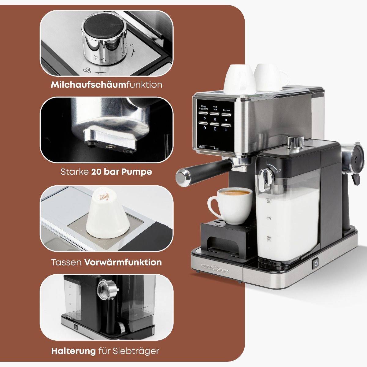 'Espresso machine with milk frothing function, 20-bar pump, cup warming feature and portafilter holder.'