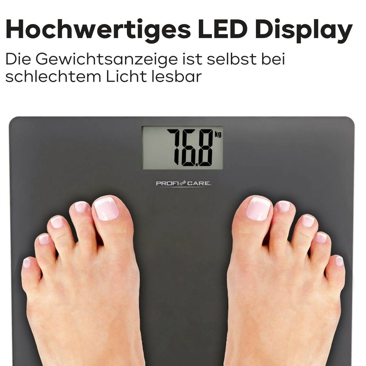 A pair of feet stand on a digital scale displaying 76.0 kg. Above the display reads 'High-Quality LED Display', with a description about readability underneath.