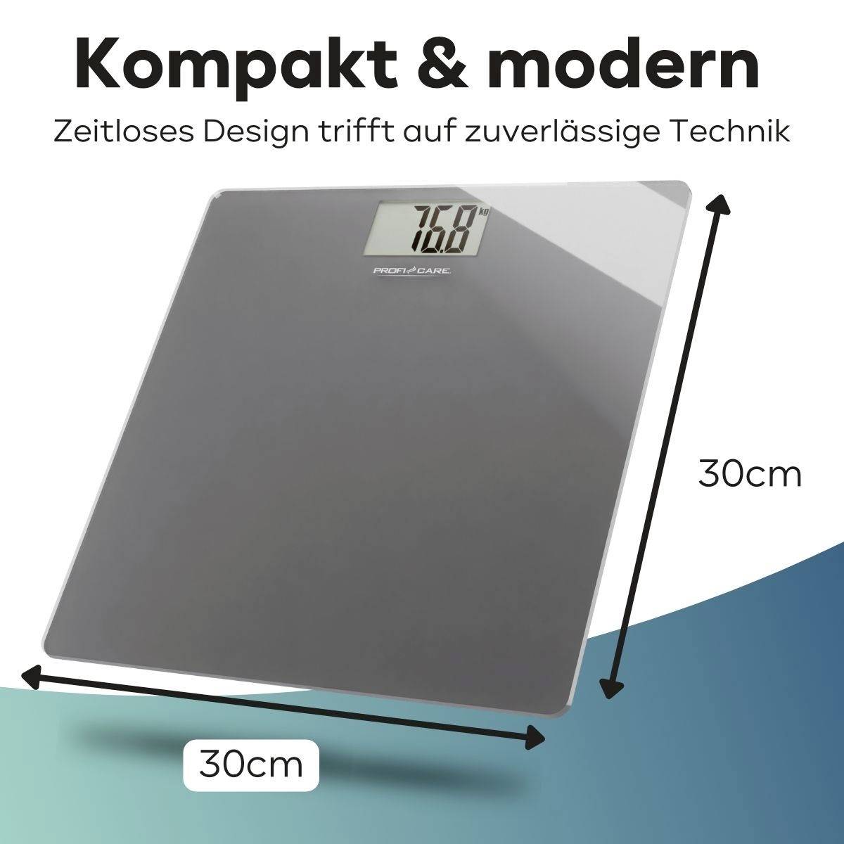 Grey square scales with digital display showing '76.0'. Text at top: 'Compact & Modern'. Size: 30 cm x 30 cm.