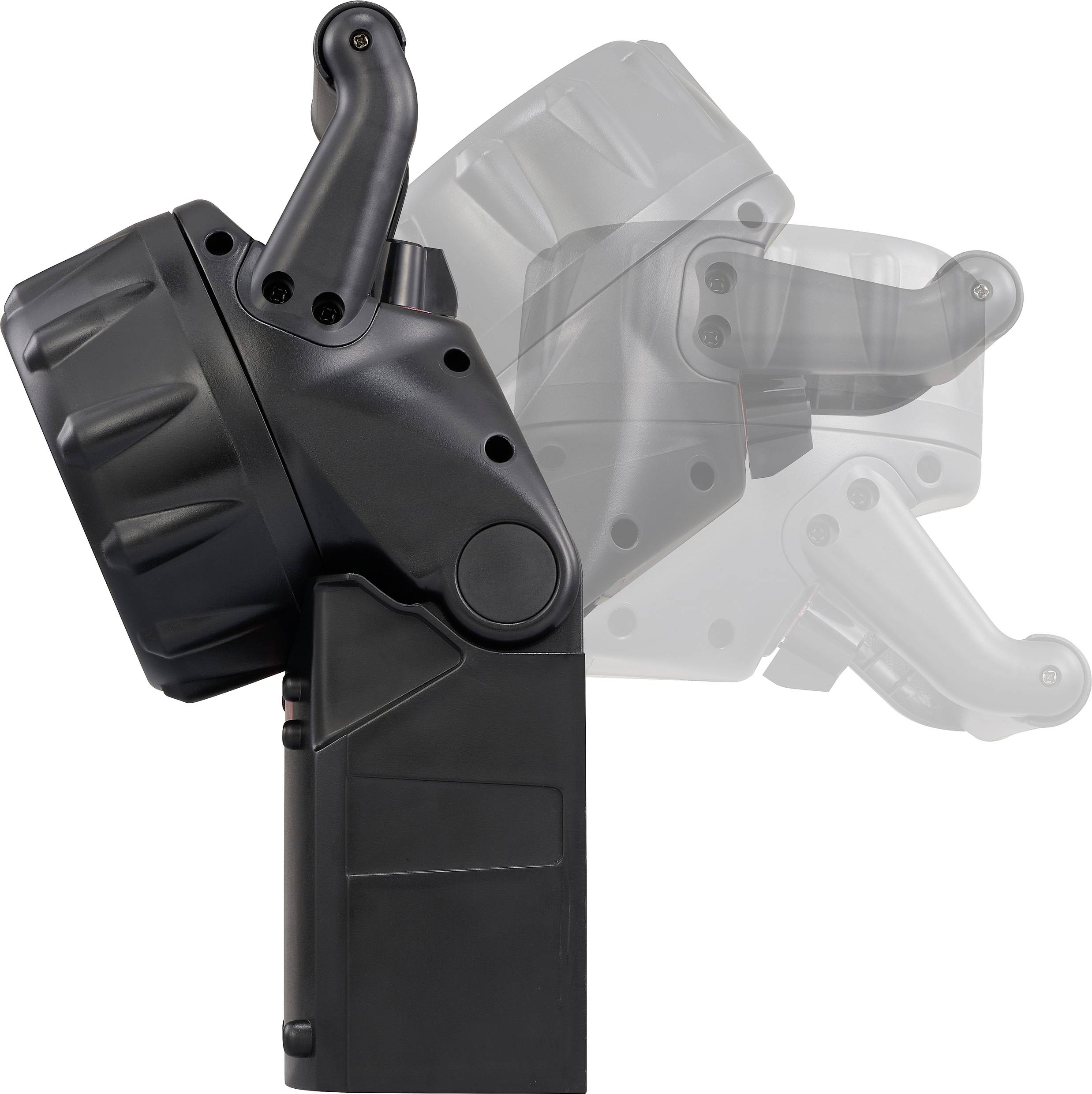 Black, adjustable handle of a tool or device, showing two movement positions of the handle.