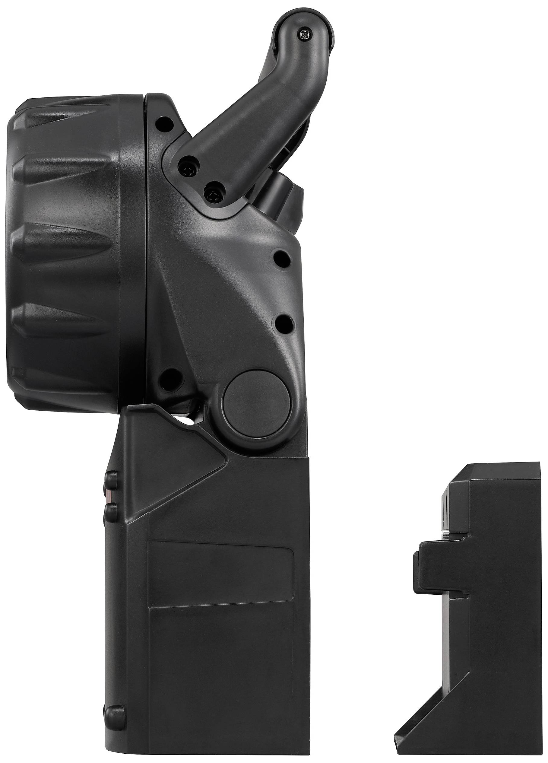 A black, mechanical device with a pivoting arm and a detachable component beside it, against a white background.