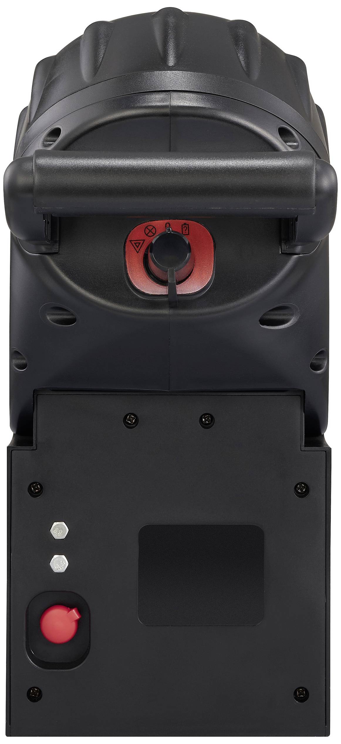 A black, rectangular machine with a red rotary knob on top and two small, silver buttons on the side.