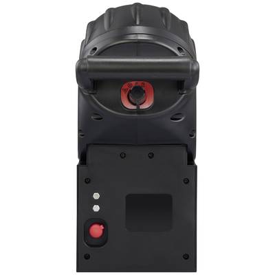 A black, rectangular machine with a red rotary knob on top and two small, silver buttons on the side.