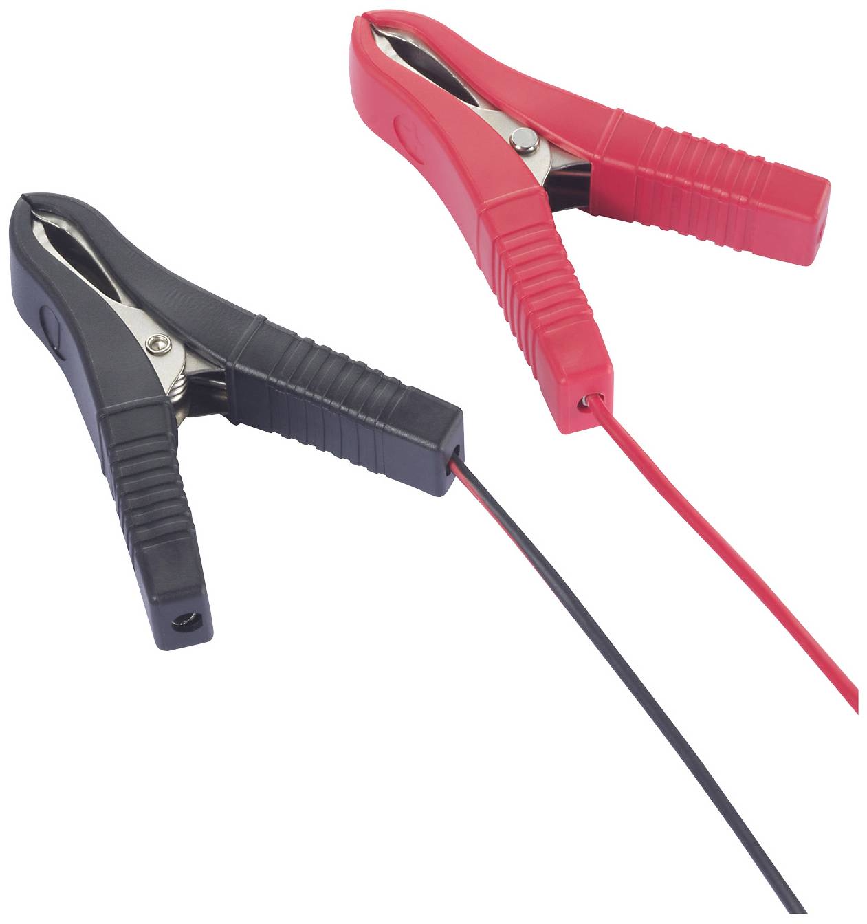 Red and black battery terminals with cables. The red terminal represents the positive pole, the black one the negative pole.