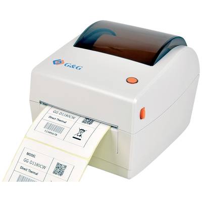 A printer prints labels with QR codes and texts 'Direct Thermal' and 'GG-D1180CW'. The printer is white with an orange button.