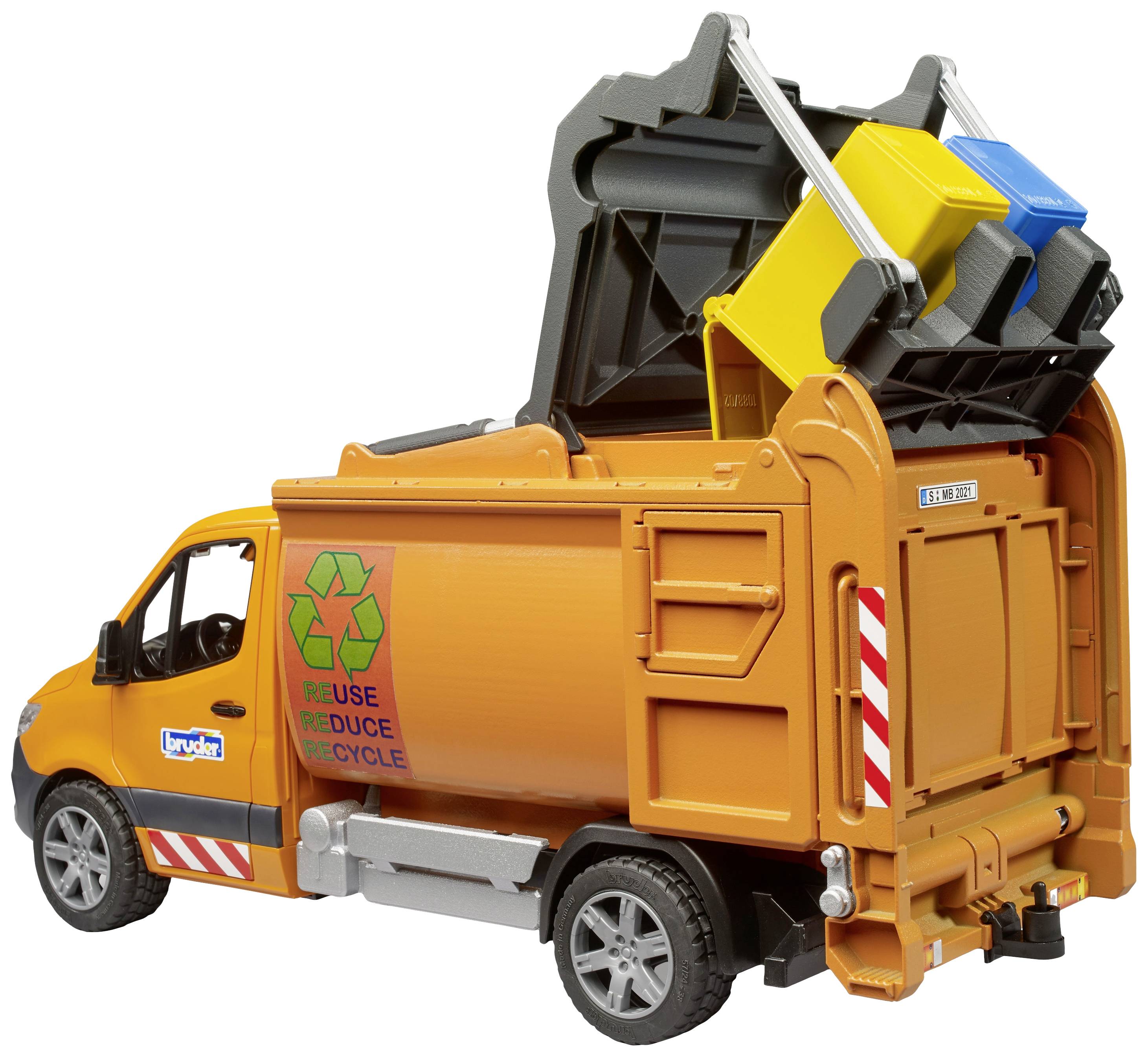 Toy refuse truck in orange and black, loaded with blue and yellow containers. Caption: 'Reuse, Reduce, Recycle'.