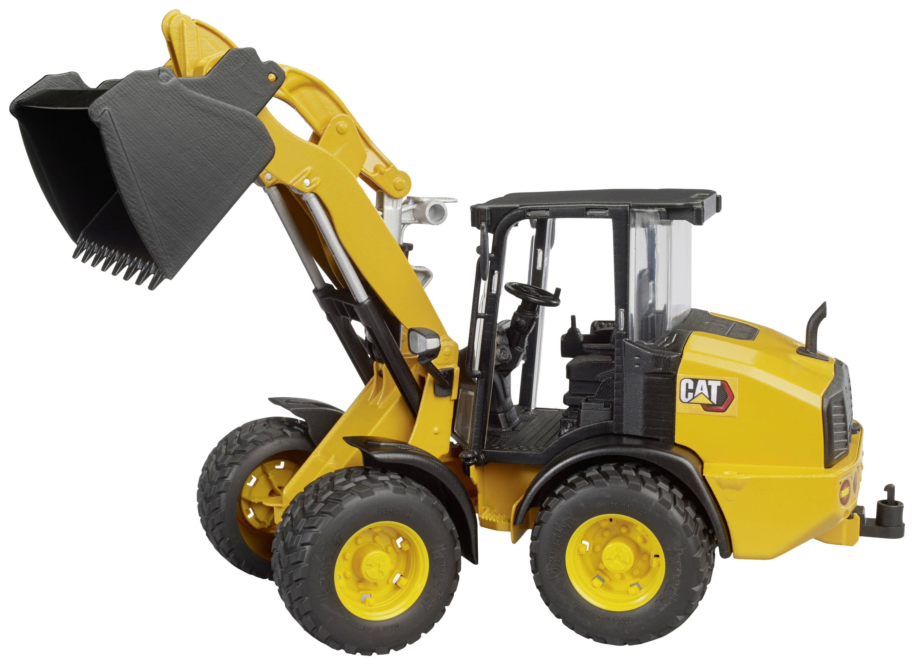A yellow loader with a black boom and bucket. The vehicle stands on robust tyres, with a black driver's cab.