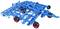 A blue agricultural cultivator with multiple metal tines and red wheels, used for loosening and preparing the soil.
