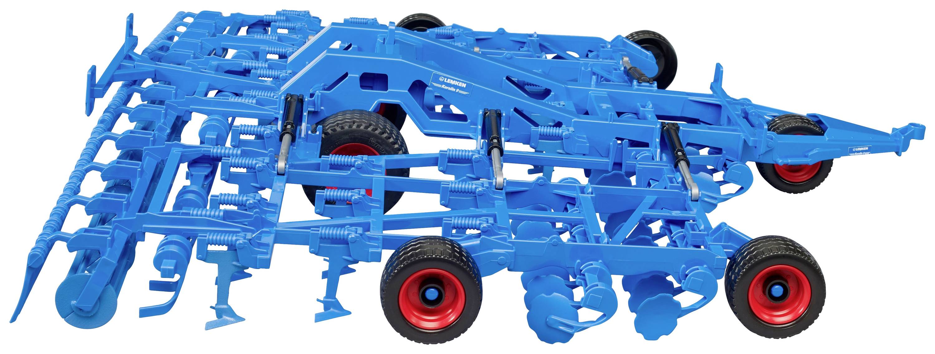 An agricultural soil cultivation implement with blue metal framework and red wheels, specifically designed for field cultivation.