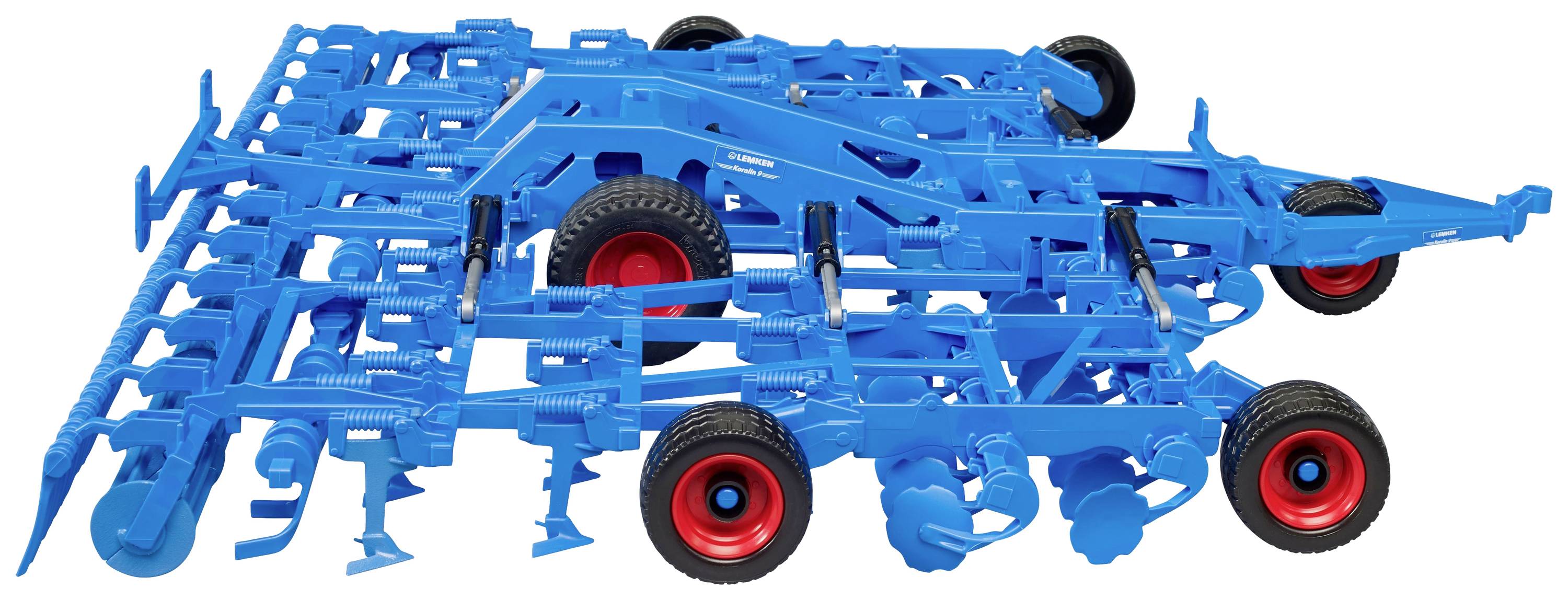 A blue agricultural cultivator with multiple wheels and red-highlighted rims, used for soil cultivation.