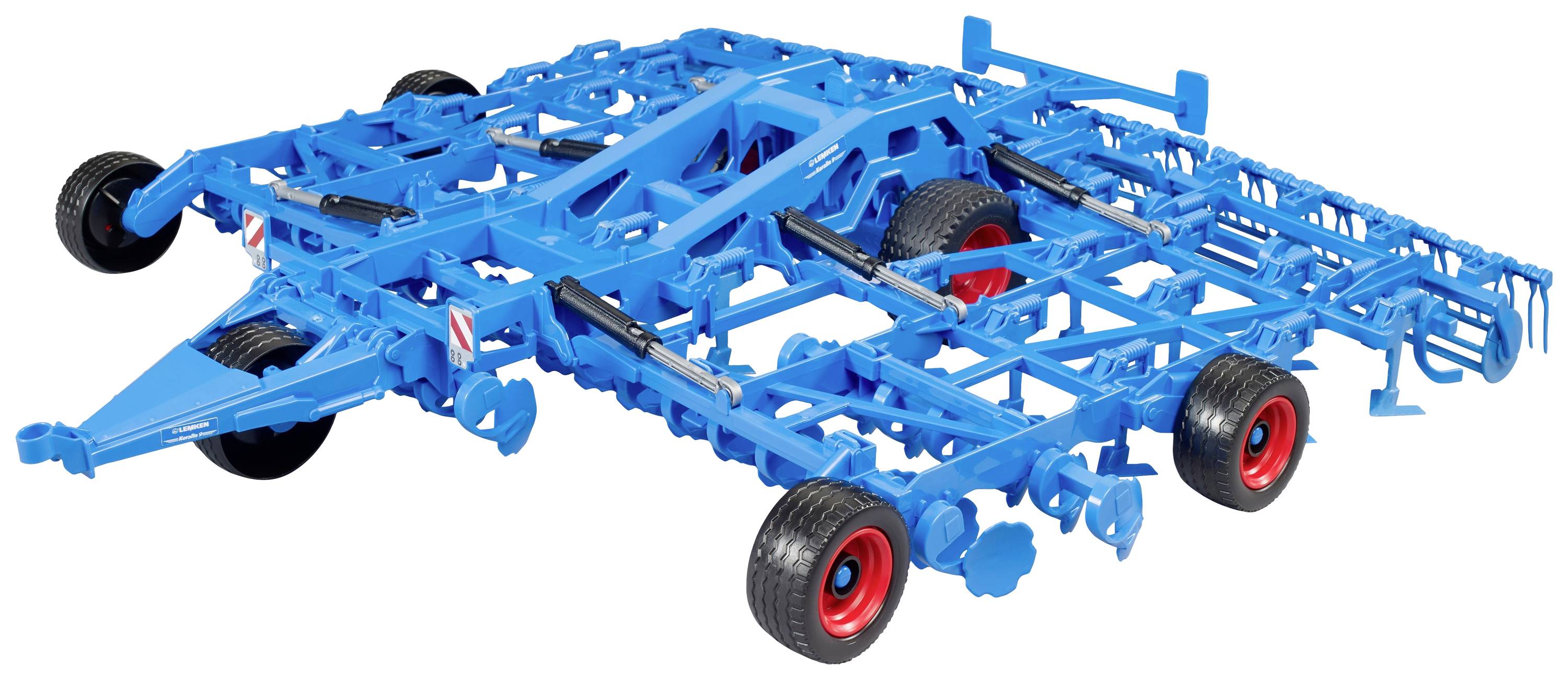 A blue agricultural cultivator with multiple wheels and tines, used for loosening and aerating the soil.