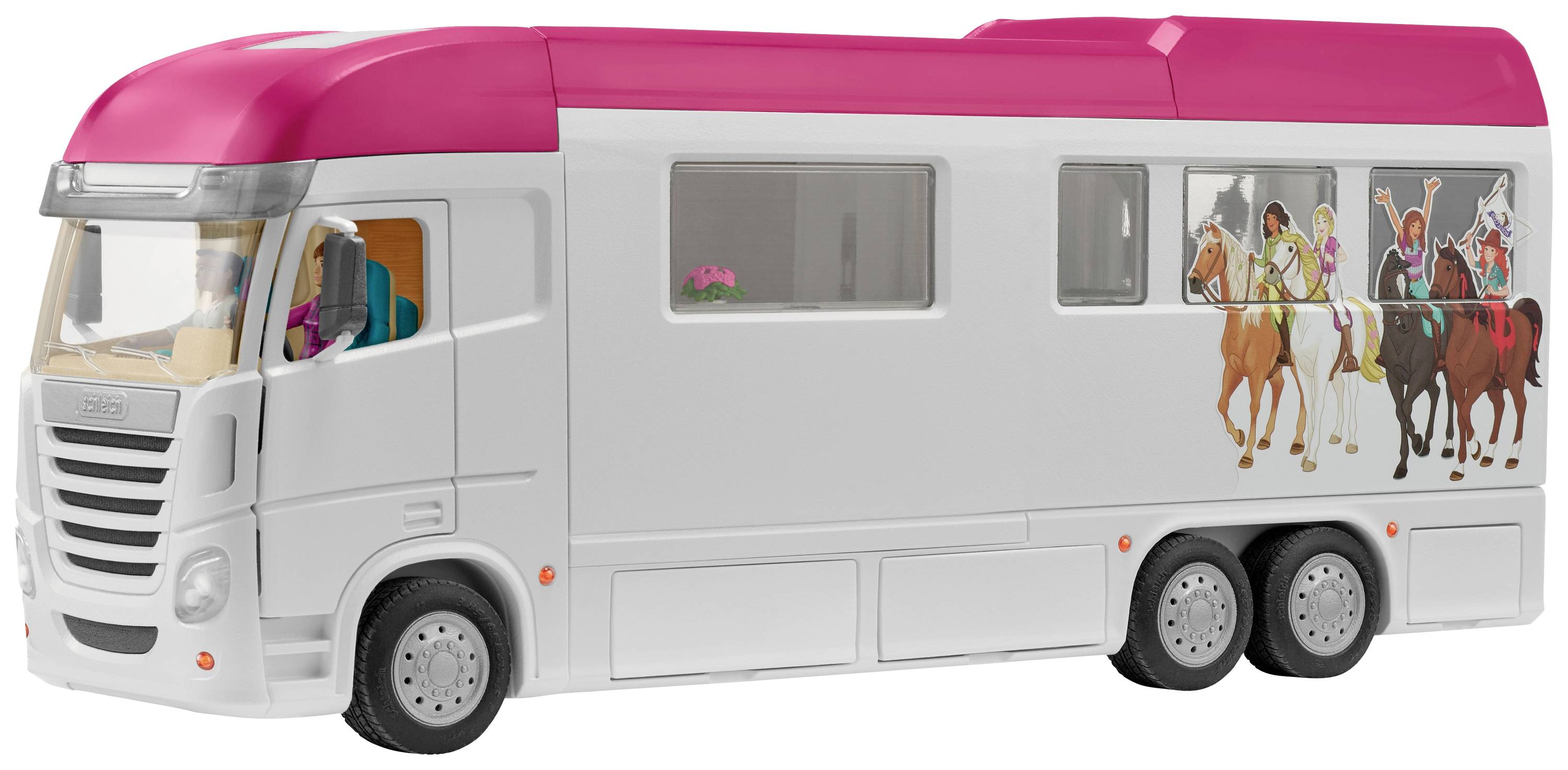 Toy horse transporter with a pink roof, decorated with a horse motif on the side. Includes a driver figure in the cab.