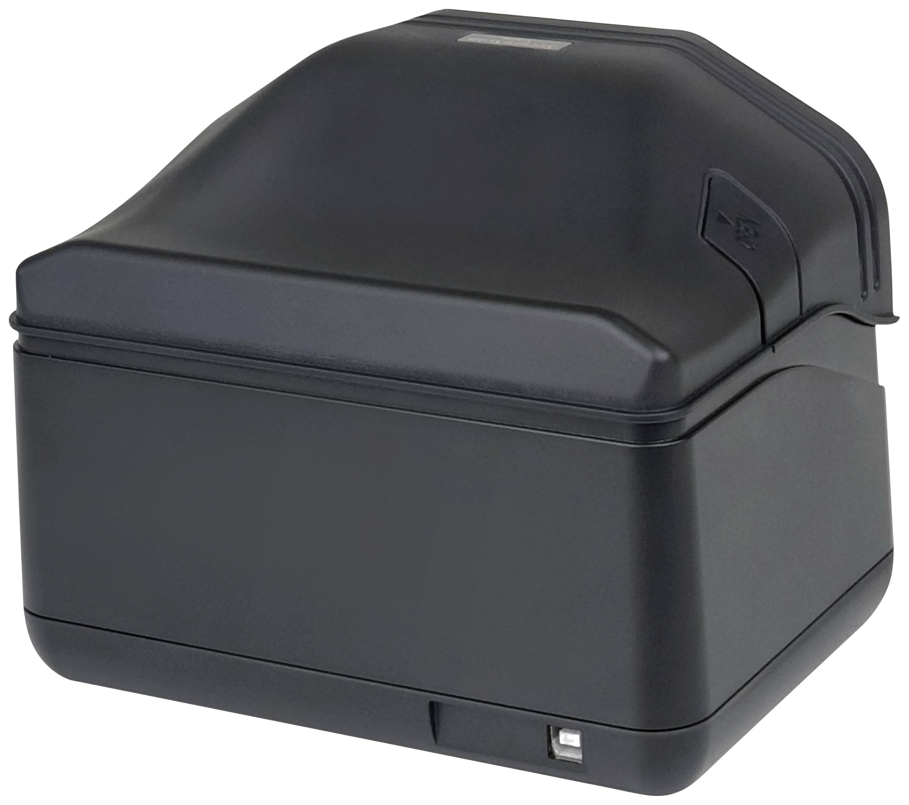 A black electronic device with a rounded casing, which could possibly be a printer or a scanner.