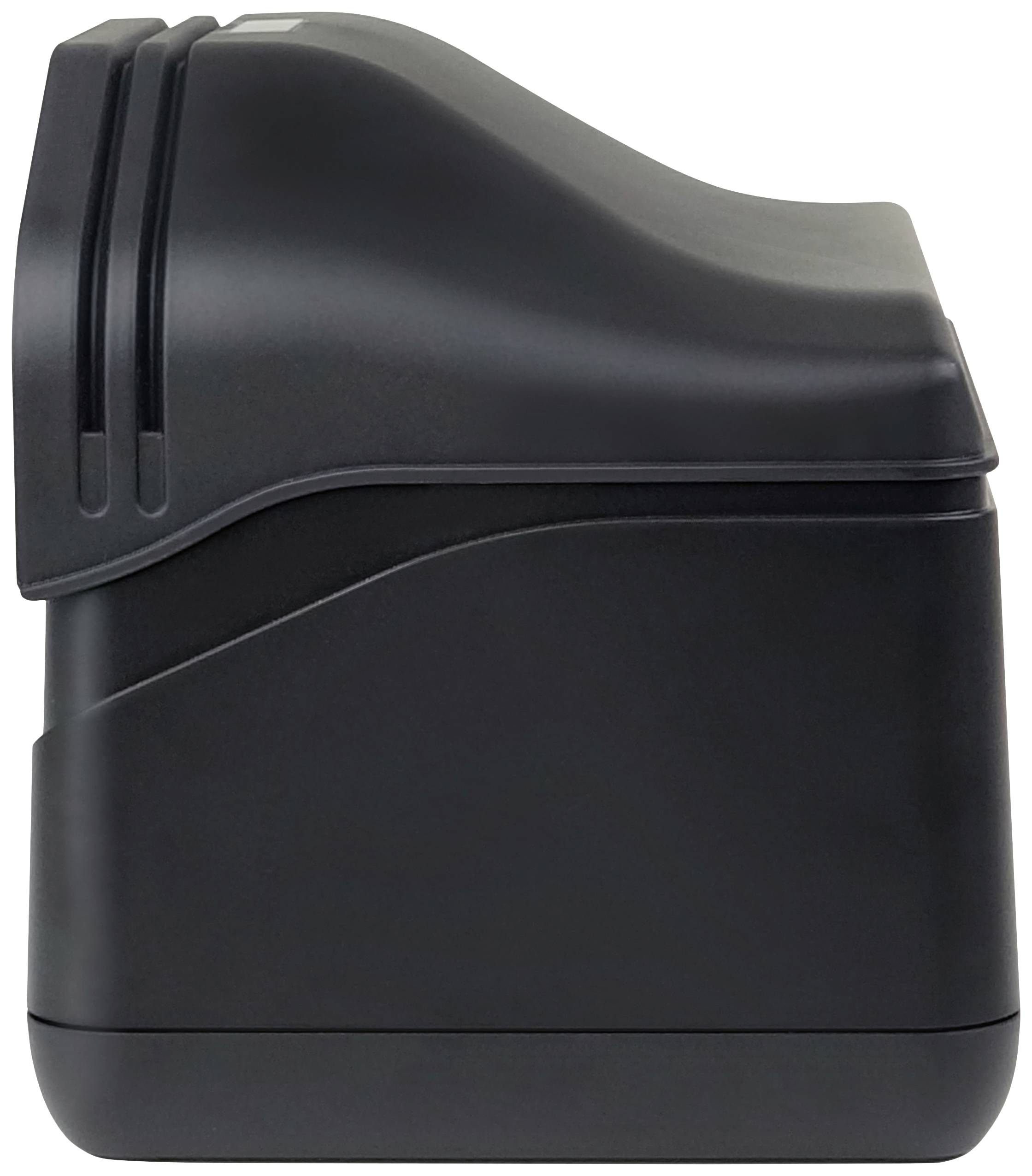 A black, wavy device with a closed and simple surface, photographed from the side.