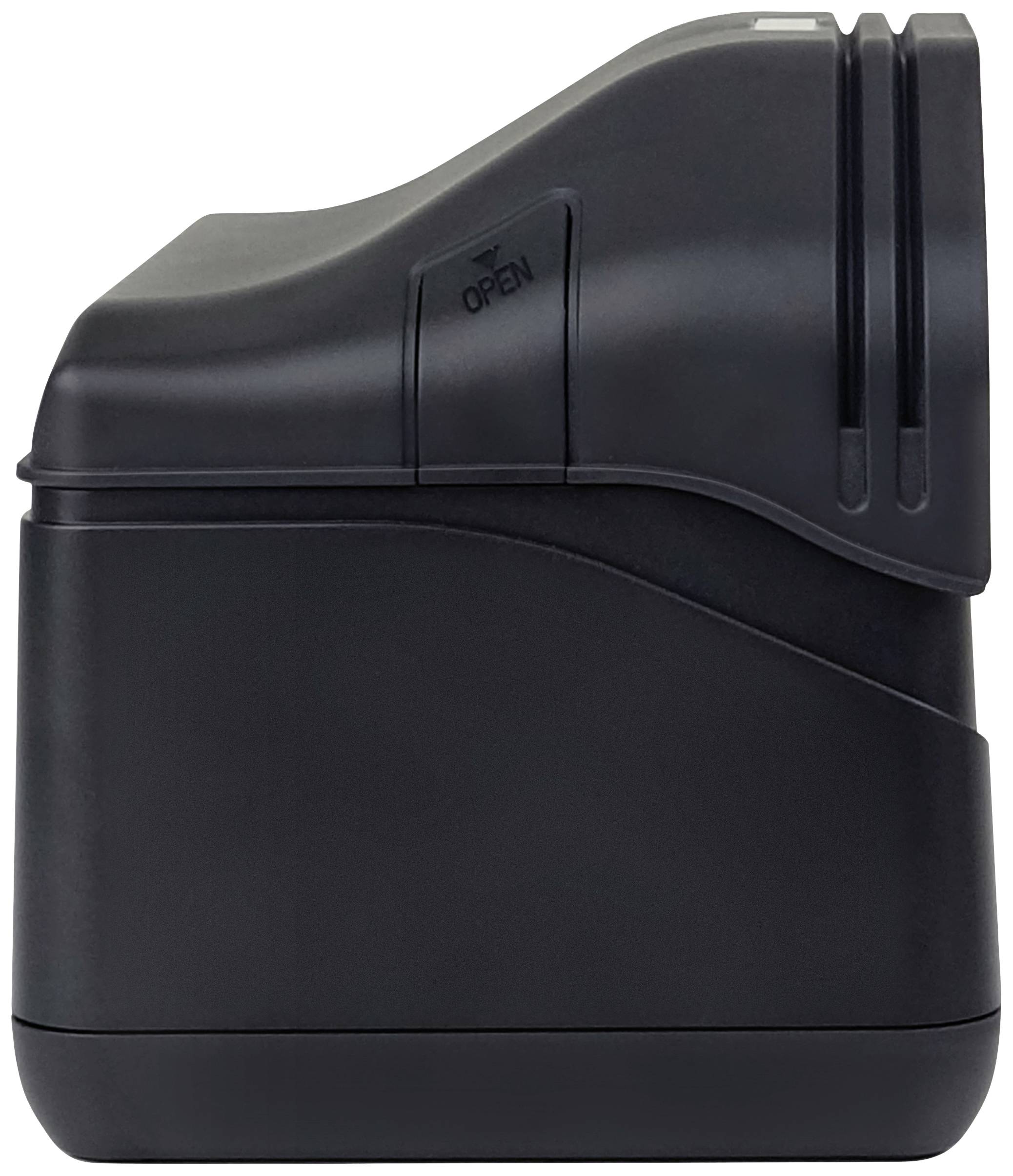 A black electronic device, possibly a printer or scanner, viewed from the side. The word 'OPEN' is visible.