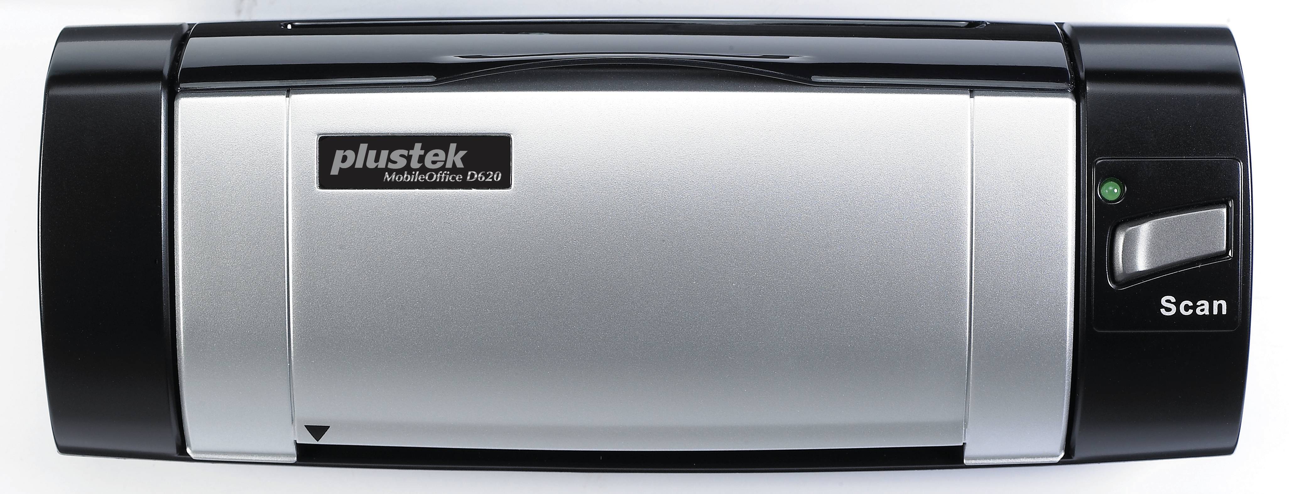 A Plustek multifunction scanner in silver and black, model DS620, with a power switch and LED indicator on the right.