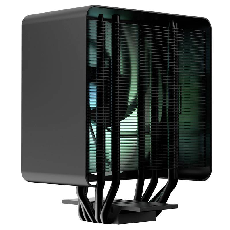 A black computer CPU cooler with multiple heat pipes and cooling fins. A glowing fan is visible inside.