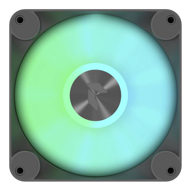 A luminous computer fan in green-blue. The fan has rounded corners and is held in place by four dark grey screws.