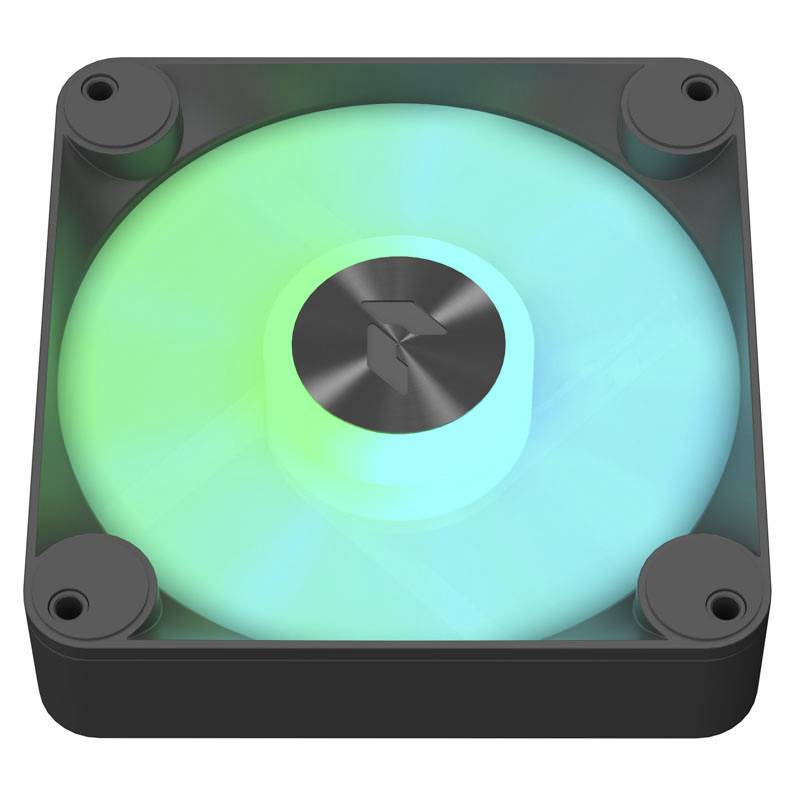 A square illuminated fan with green-blue lighting in a black casing. The design is modern and technological.