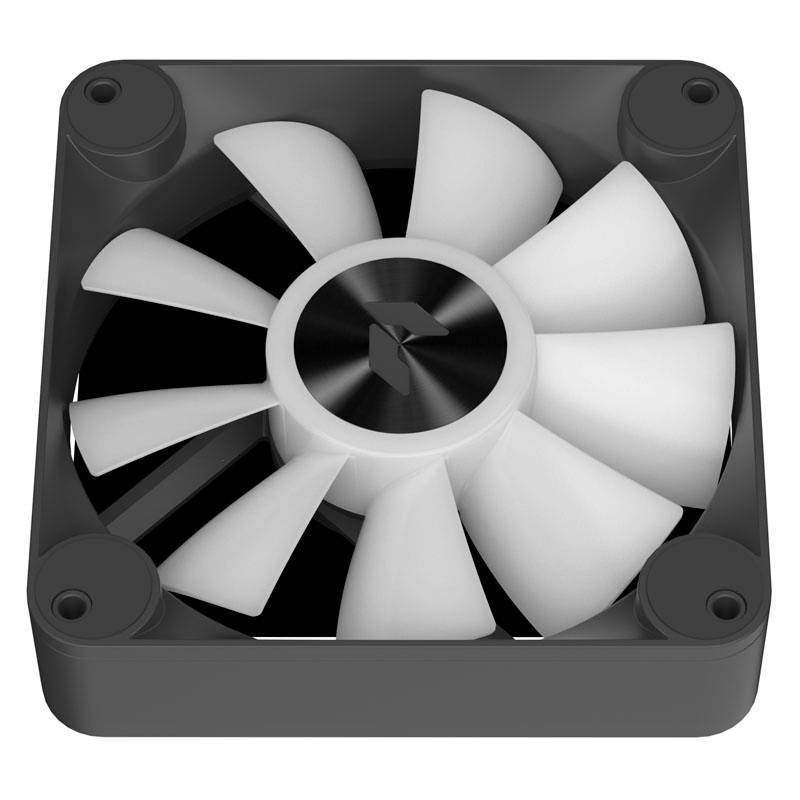 A square computer fan with white blades sits in a black frame, often used for cooling computer cases.