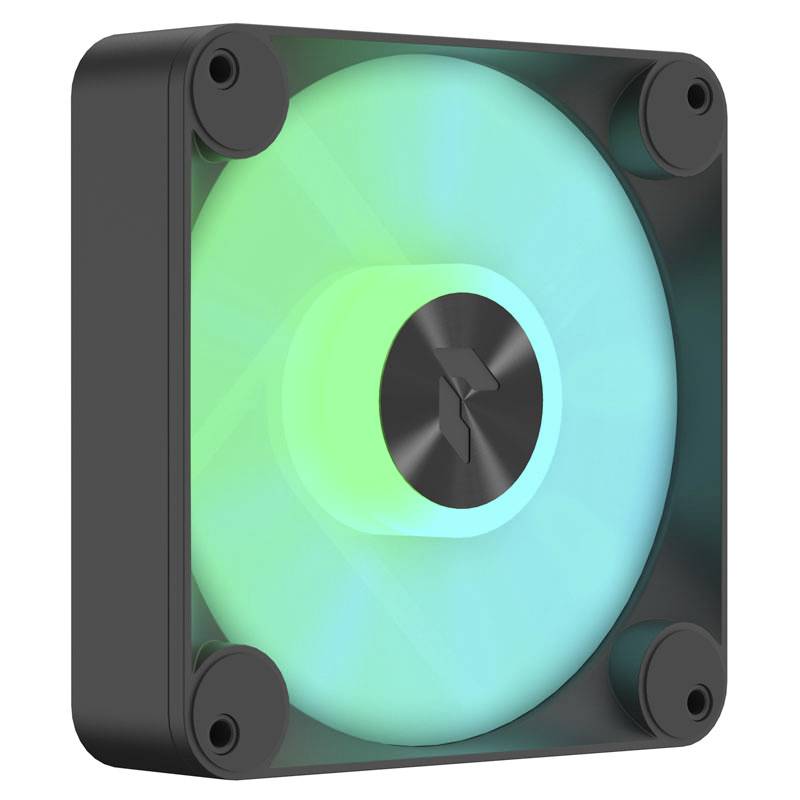 Black computer fan with glowing green LEDs, illuminating the interior of the fan in a stimulating light.