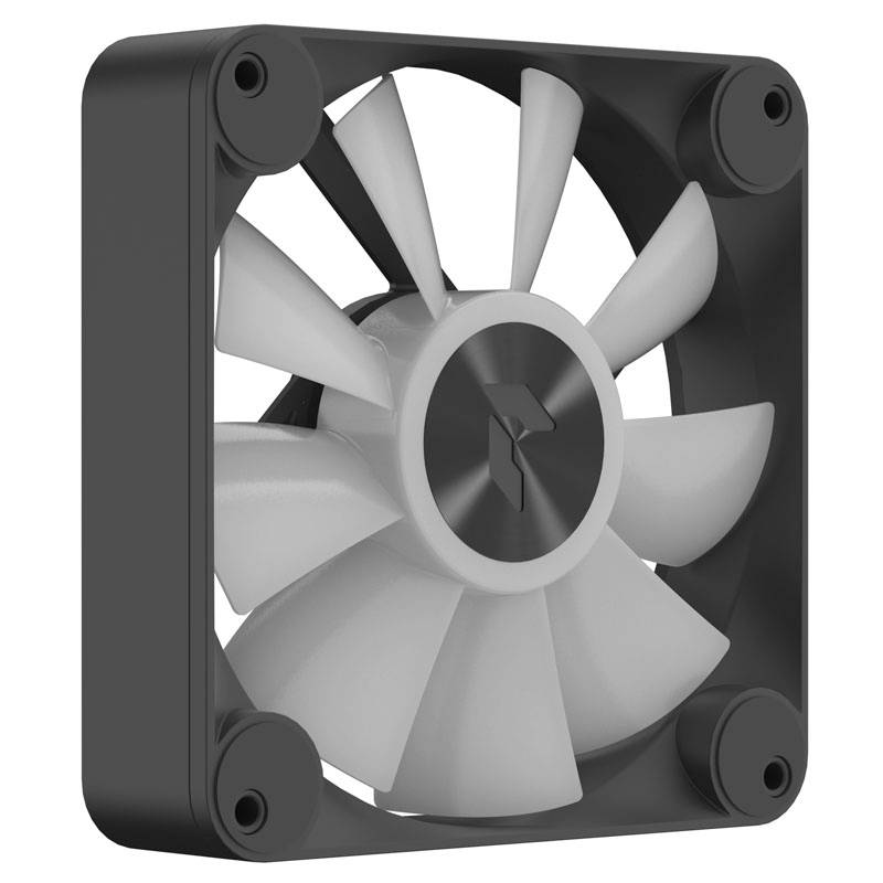 A black computer fan with white rotor blades and a ribbed design, typically used for cooling in electronic devices.