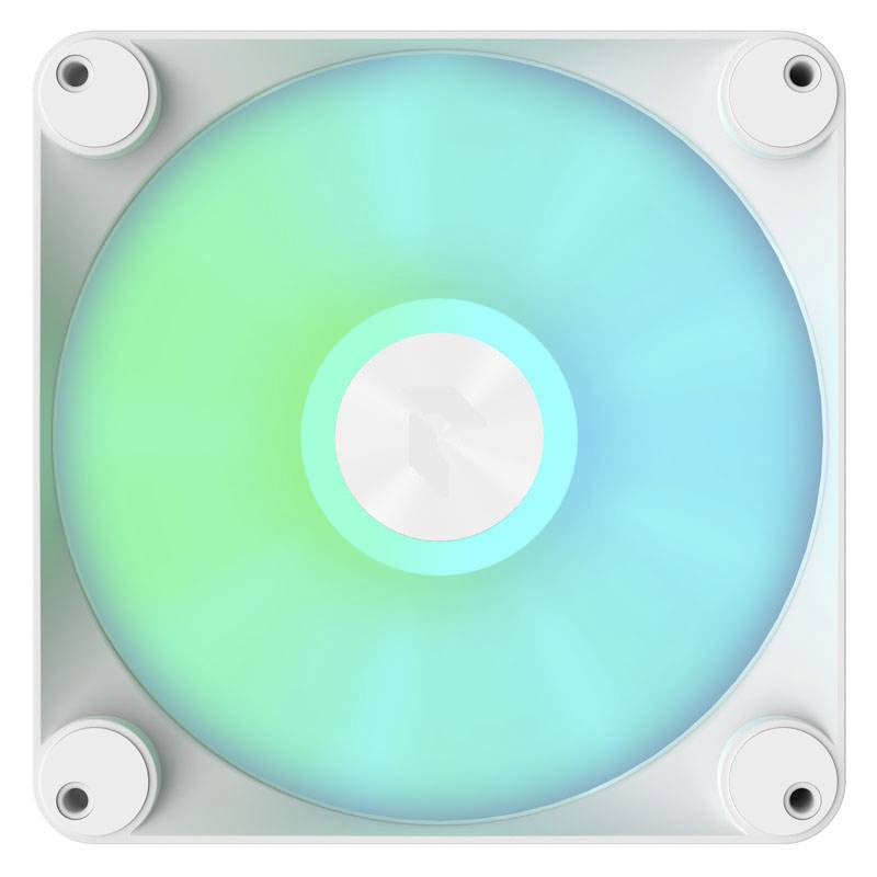 Blower with luminous green-blue LED lighting in a square enclosure, potentially part of a cooling or lighting system.