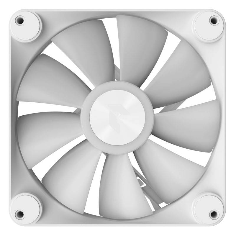 A white computer cooler with eight fan blades, used for cooling computer components. Top-down view.
