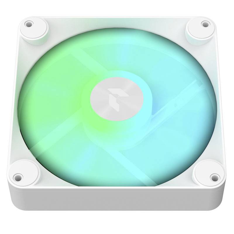 A illuminated green-blue computer fan in a white case, displaying an activated LED indicator.