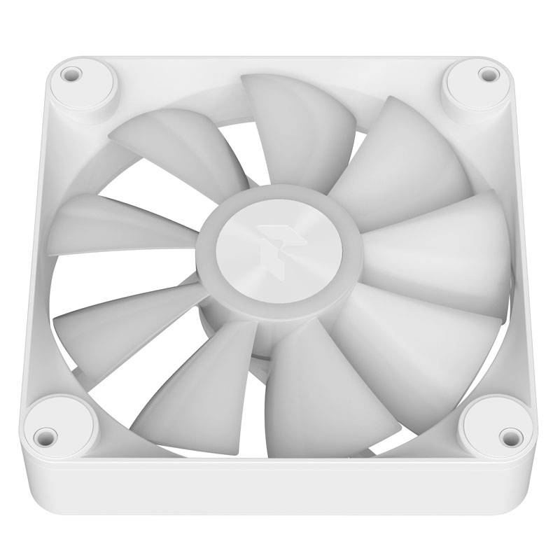 A white computer fan with nine blades, mounted in a rectangular housing, is viewed from above.