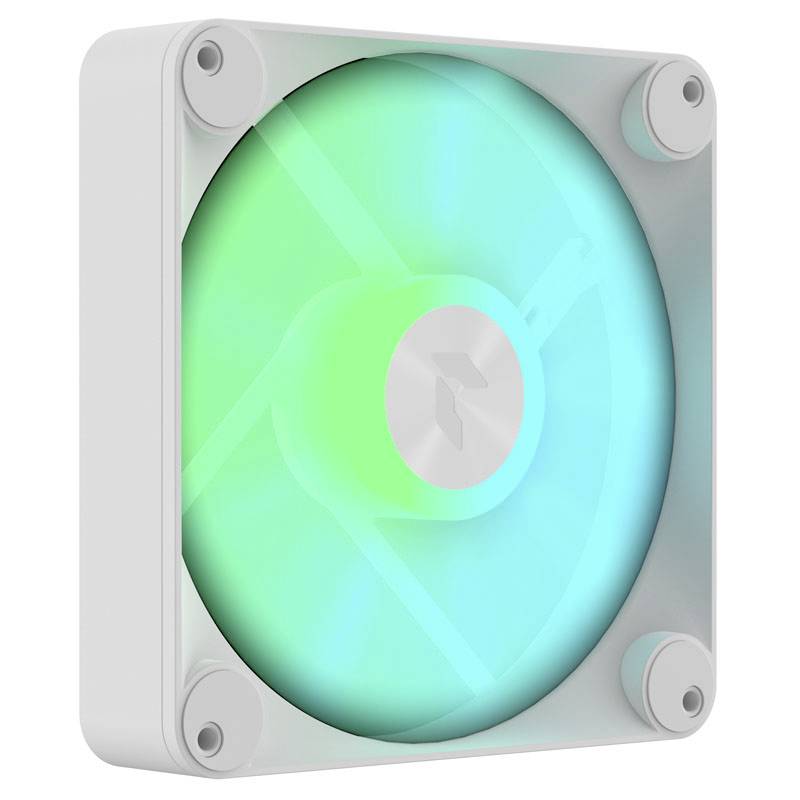 A white computer fan glows in a bright turquoise. The fan has a square housing with four mounting points at the corners.