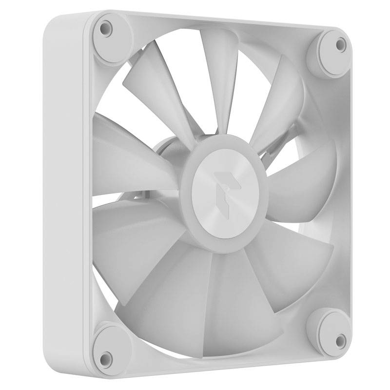 A white computer case fan with multiple blades in a square configuration, mounted for air circulation.