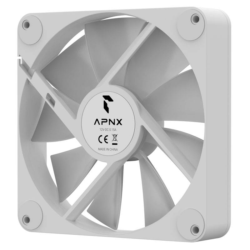 A white computer fan in a square housing with the inscription 'APNX', technical specifications, and CE marking on the front.