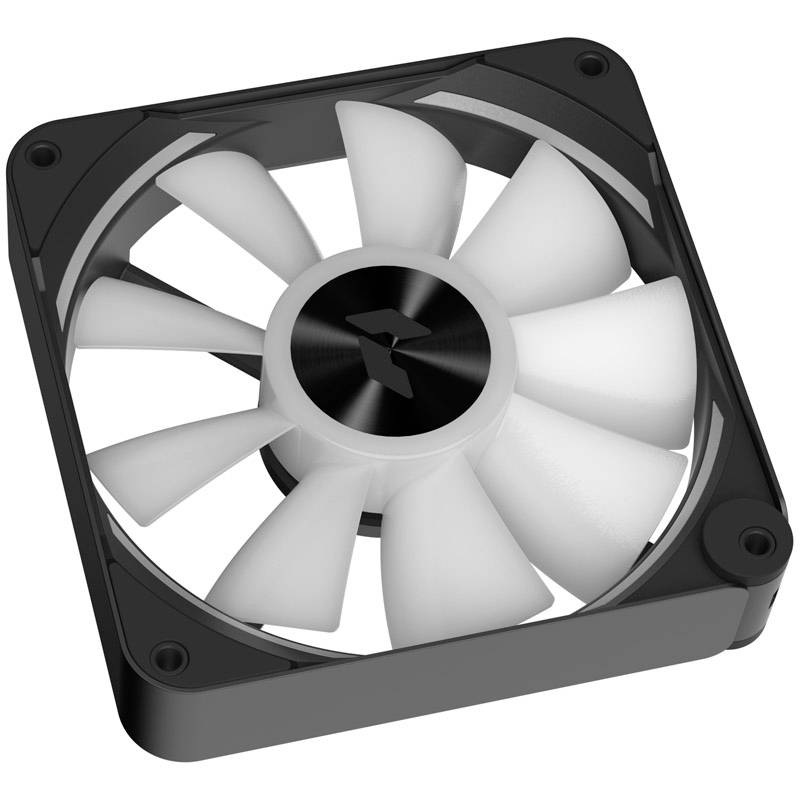A black computer fan with white rotor blades in the centre, suitable for cooling PC components.