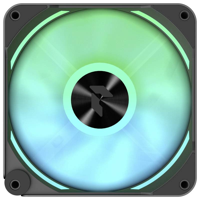 Radiator fan with colourful LED lighting in blue and green, top views.