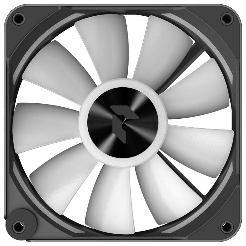 A white computer fan with nine blades in a square black frame, viewed from above.