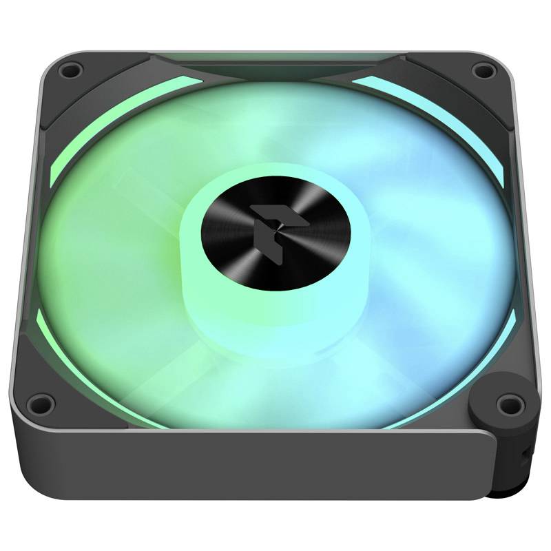 A illuminated computer fan with green-blue LED lighting, installed in a black case, viewed from above.